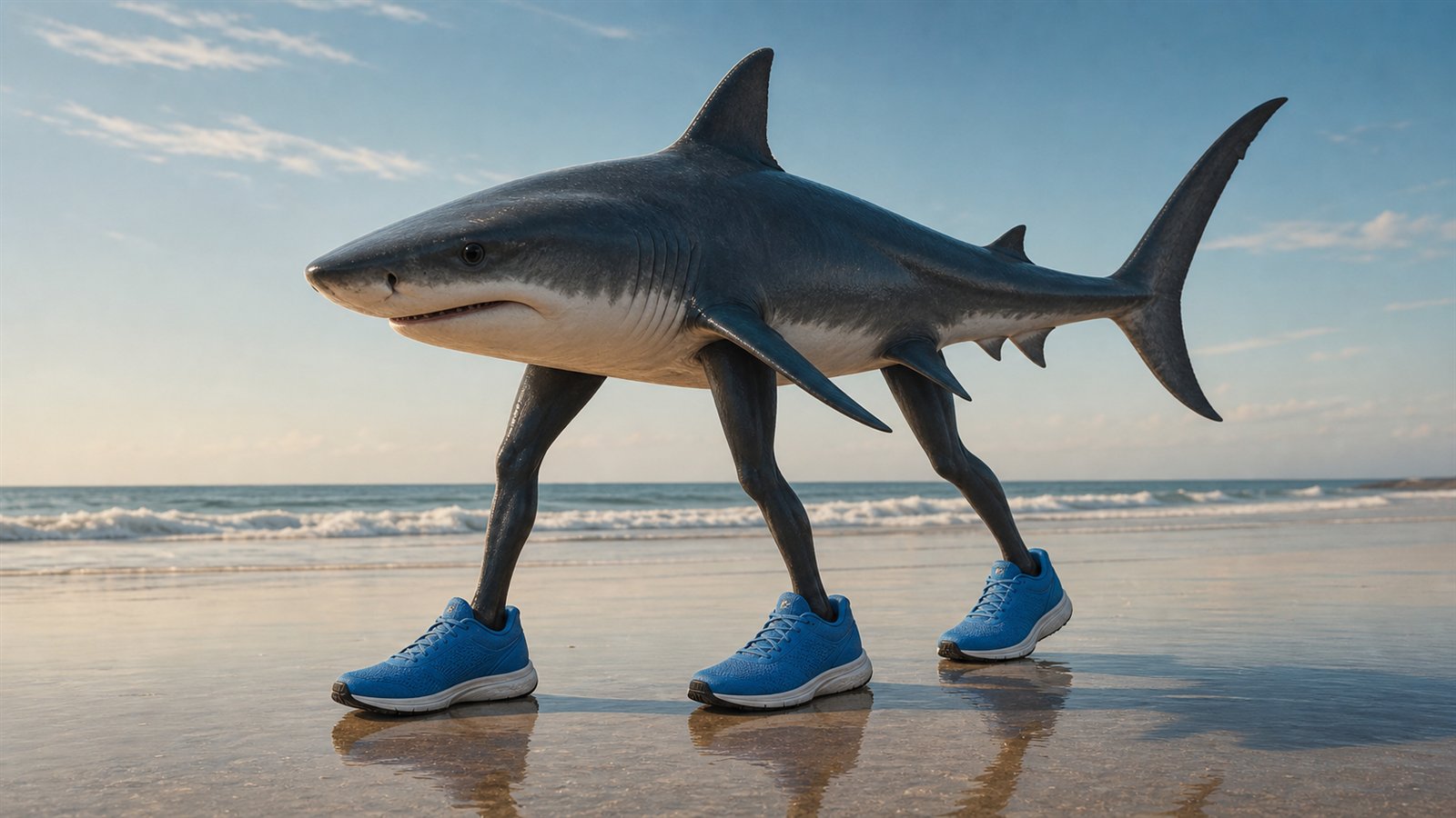 AI artwork of a shark with legs wearing bright blue running shoes on wet sand
