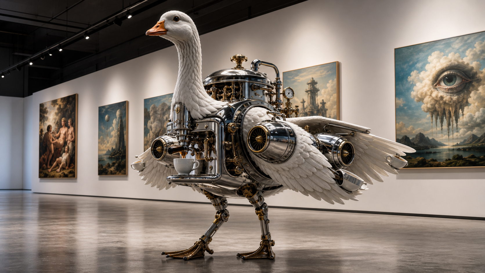 AI artwork of a goose fused with chrome espresso machinery in a gallery
