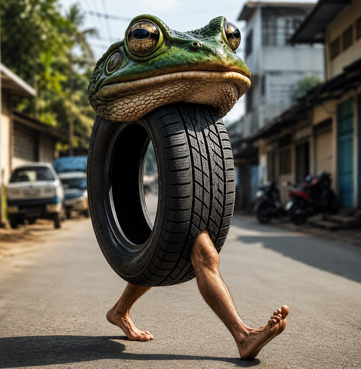 AI artwork of a walking tire with frog head and human legs on a street