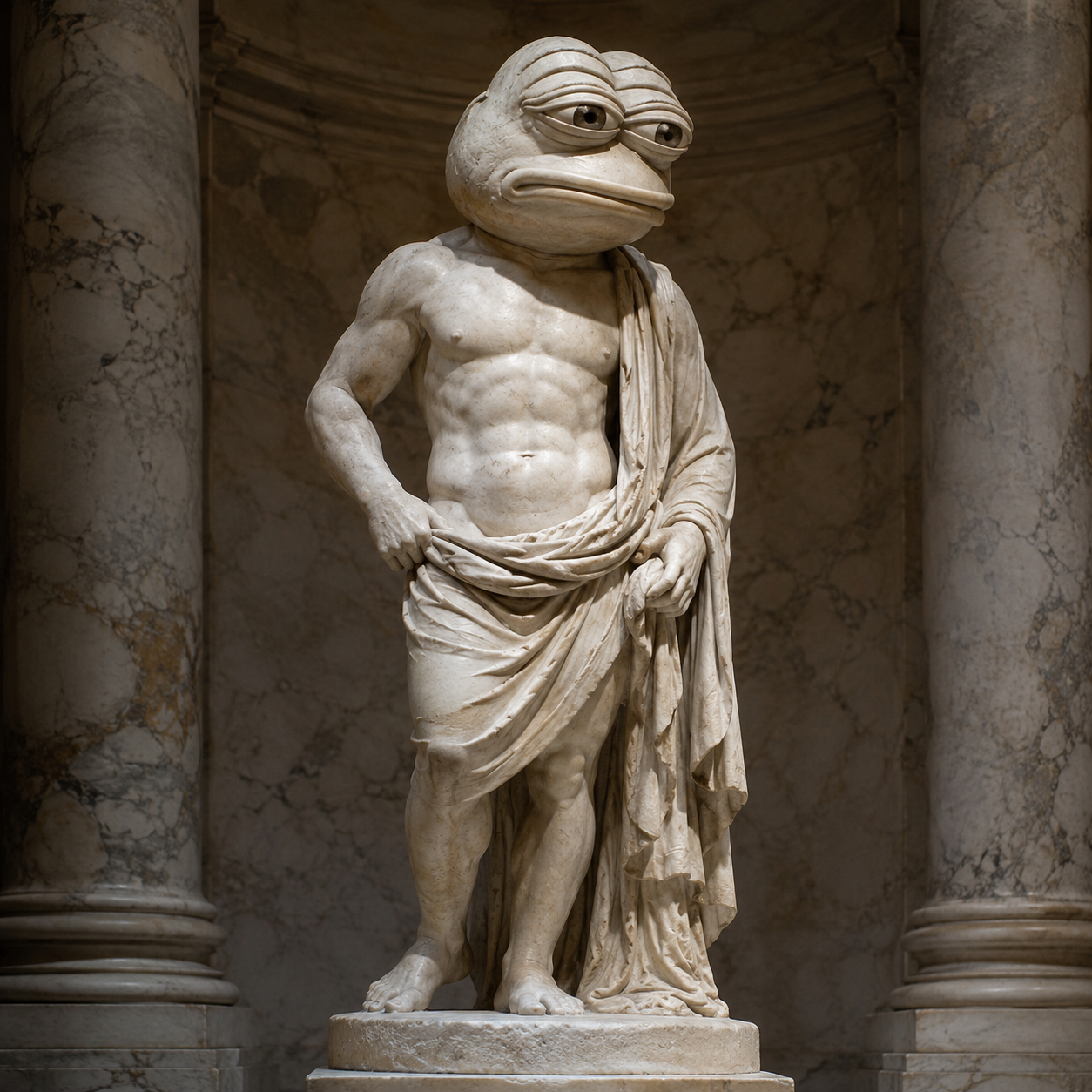 AI artwork of a marble frog-headed classical statue in drapery