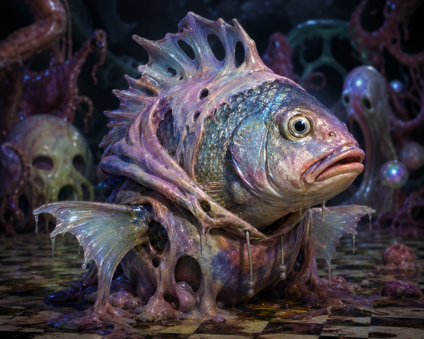 AI artwork of an iridescent fish wrapped in translucent organic membranes