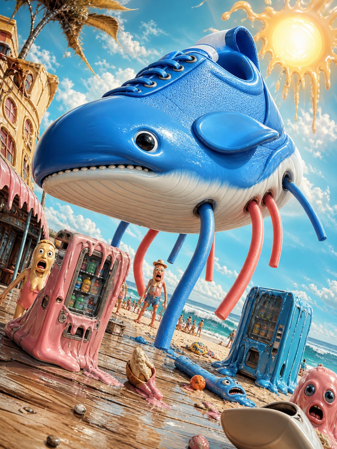 AI artwork of a whale wearing bright blue sneakers on a beach