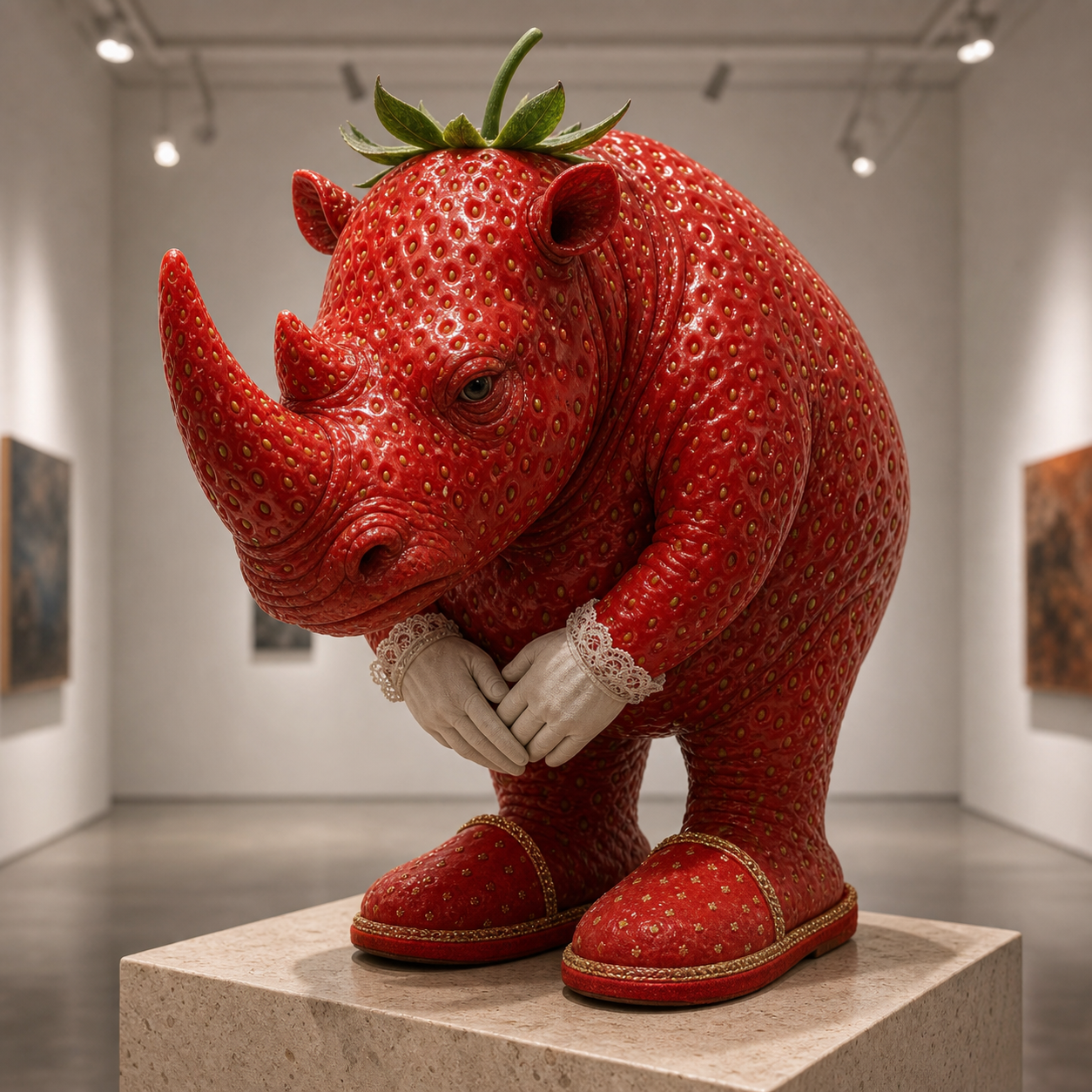 AI artwork of a strawberry rhinoceros wearing gloves and slippers on a pedestal