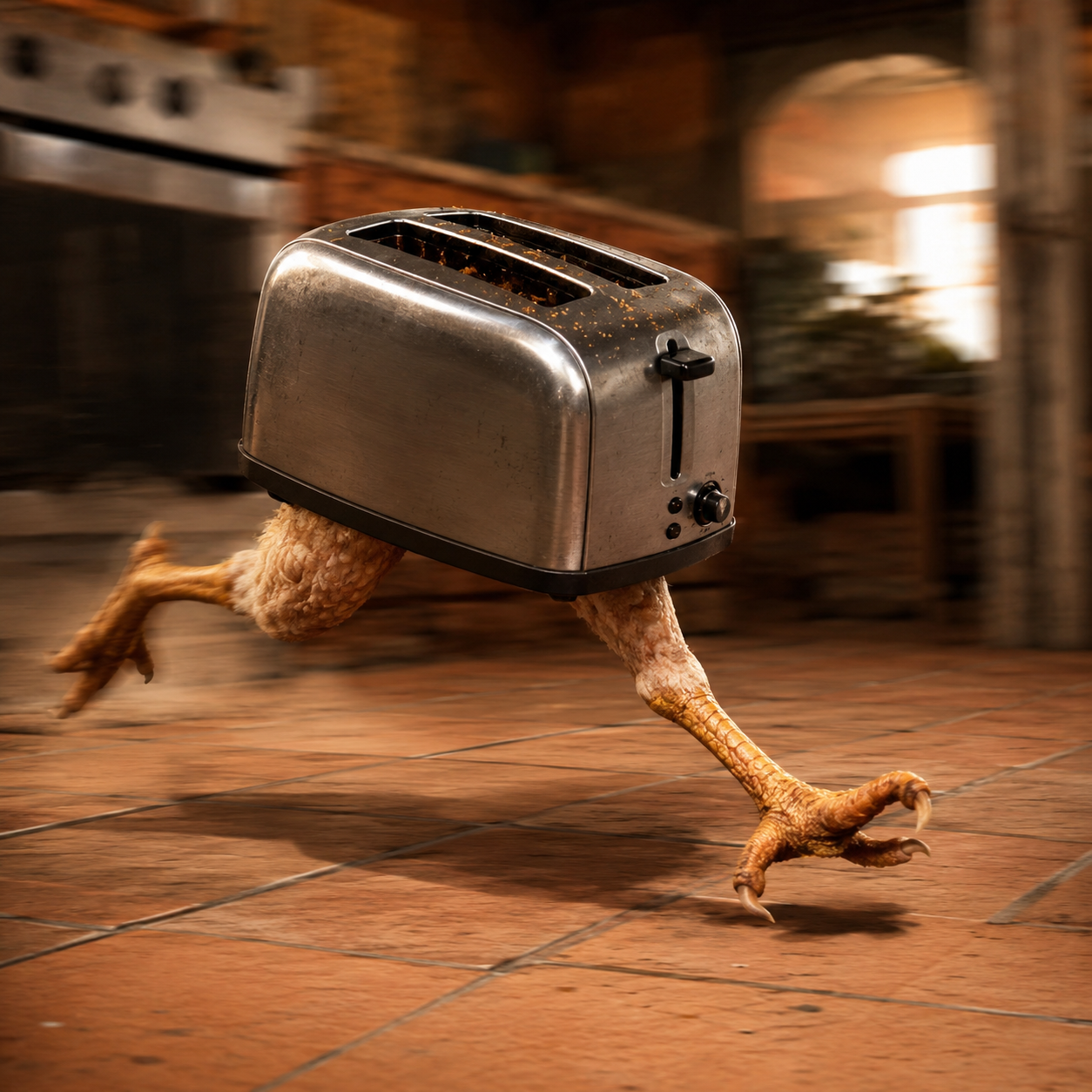 AI artwork of a metal toaster running through a kitchen on chicken legs