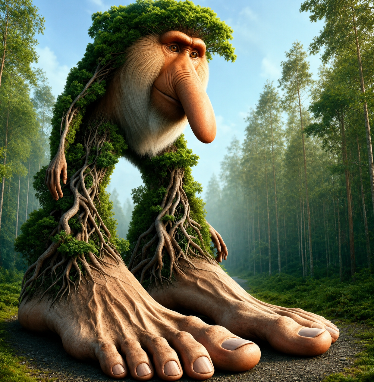 AI artwork of a forest figure made from roots, foliage, a long nose, and giant feet